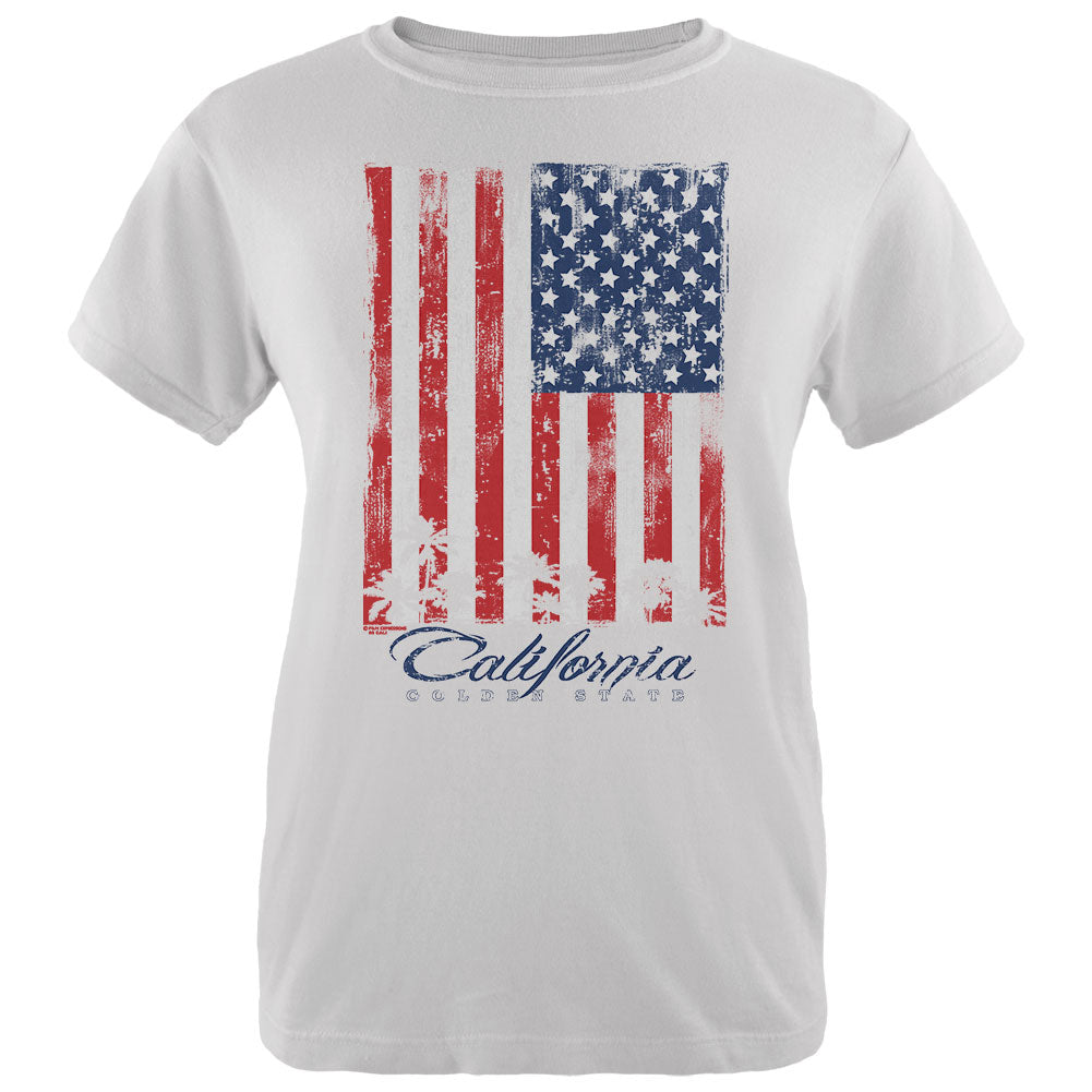 Flag Palm Trees California Golden State Womens Organic T Shirt Women's T-Shirts Old Glory LG White