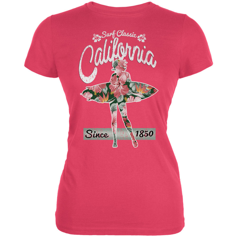 Floral Pineapple Surfer California Surf Classic Juniors Soft T Shirt Juniors T-Shirts Old Glory LG Red