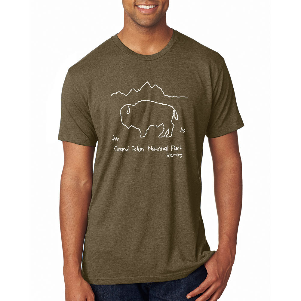 National Park Grand Teton Buffalo Mens Soft T Shirt Men's T-Shirts Old Glory 2XL Brown