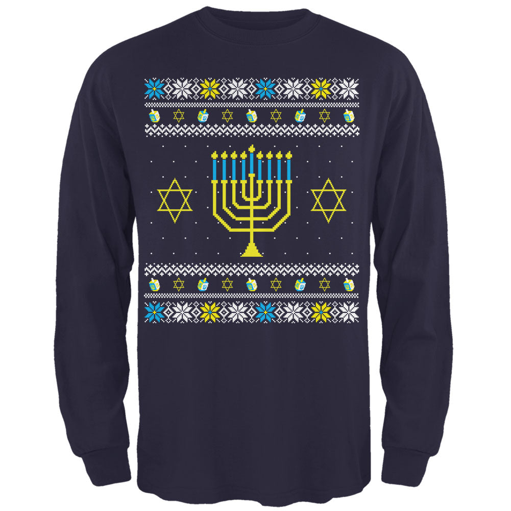 Menorah Ugly Hanukkah Sweater Mens Long Sleeve T Shirt Men's Long Sleeves Old Glory 2XL Navy