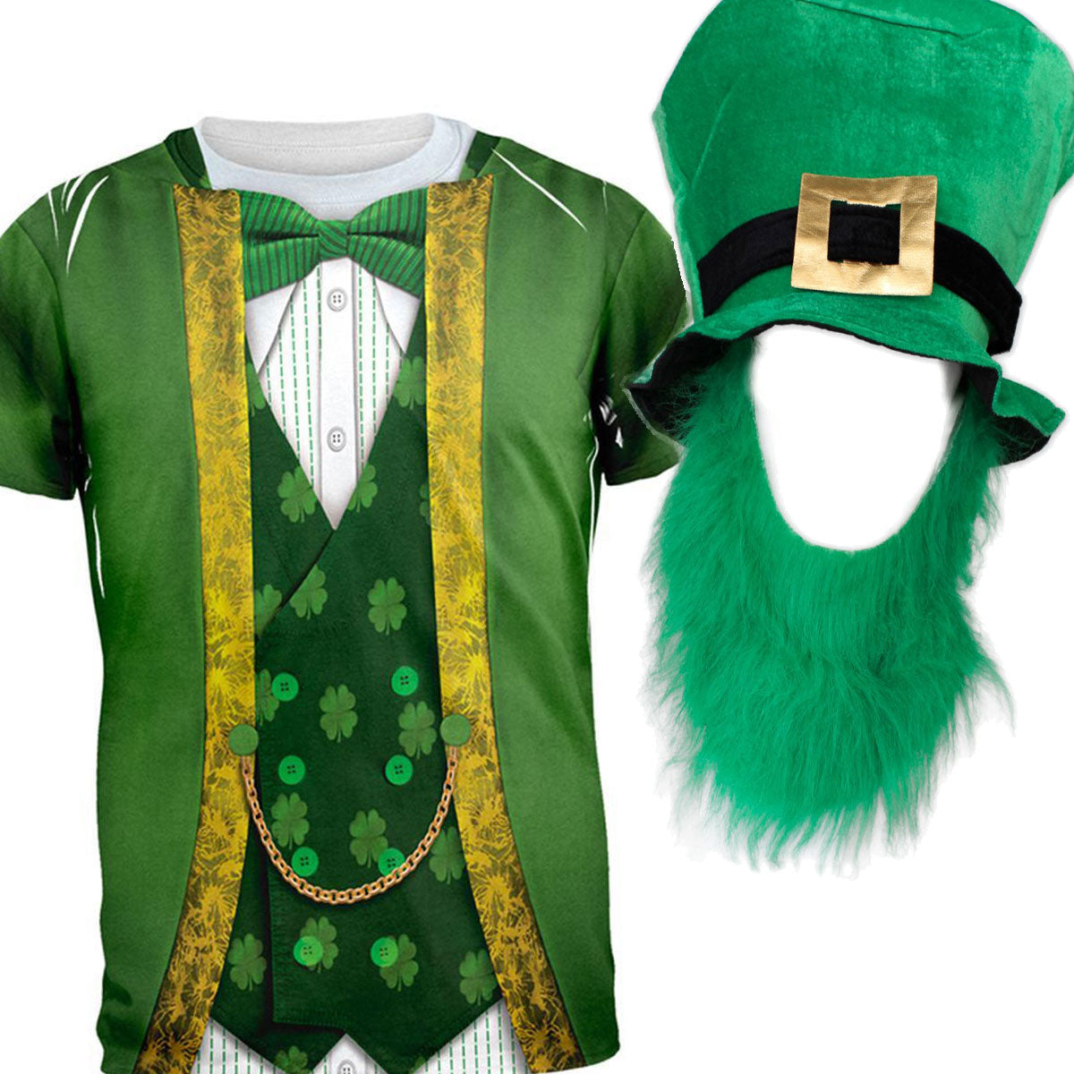 St. Patricks Day Leprechaun Costume All Over Adult T-Shirt and Hat with Beard Combo Men's T-Shirts Old Glory