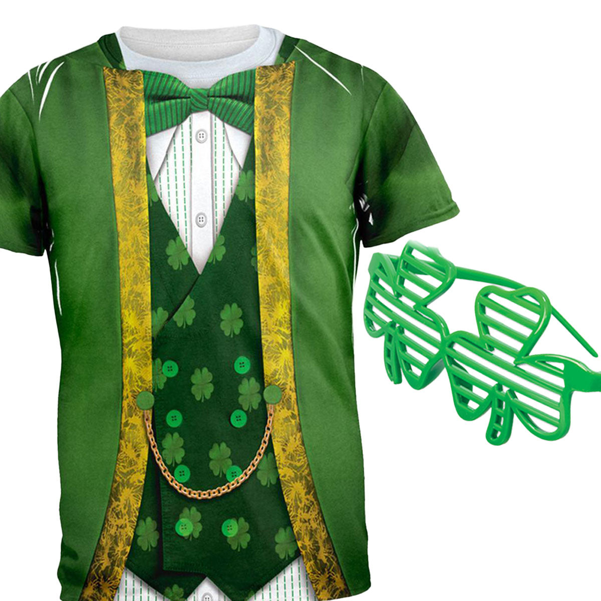 St. Patricks Day Leprechaun Costume All Over Mens T-Shirt and Shamrock Glasses Combo Men's T-Shirts Old Glory