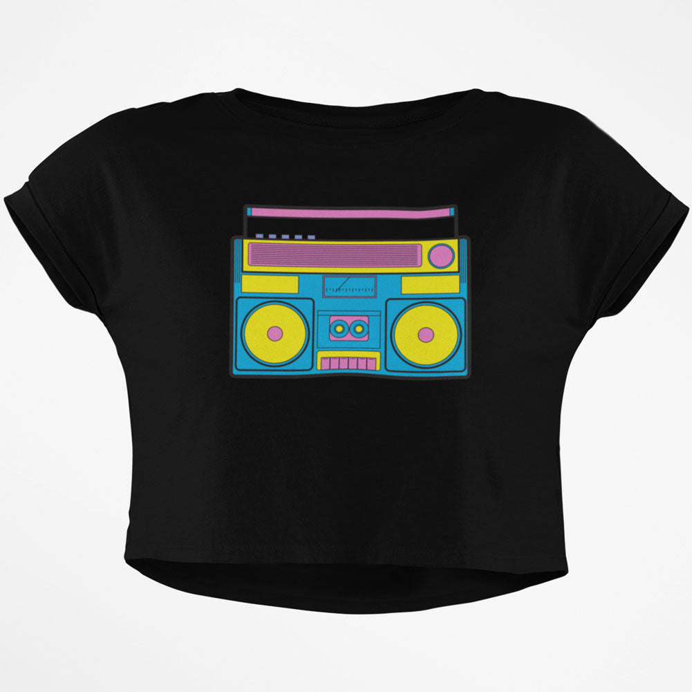 Retro Boombox Stereo Junior Boxy Crop Top T Shirt Juniors Crop T-Shirts Old Glory SM Black