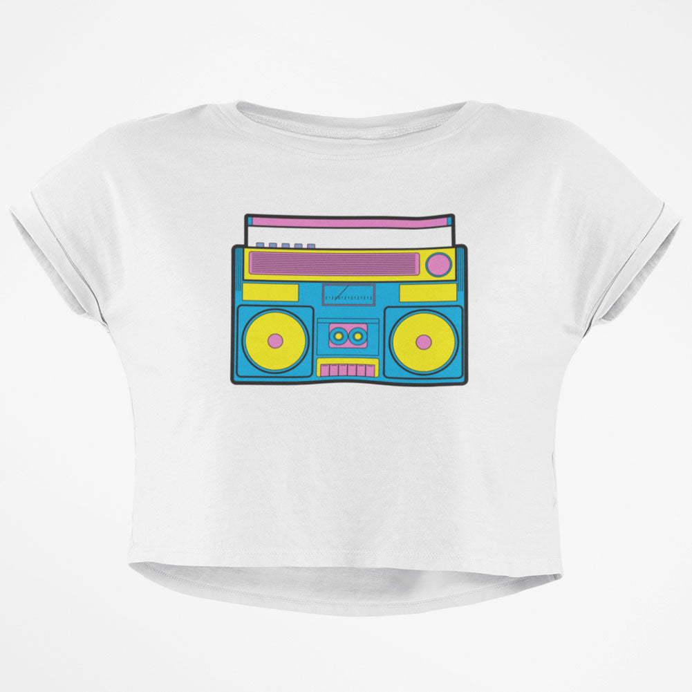 Retro Boombox Stereo Junior Boxy Crop Top T Shirt Juniors Crop T-Shirts Old Glory SM White
