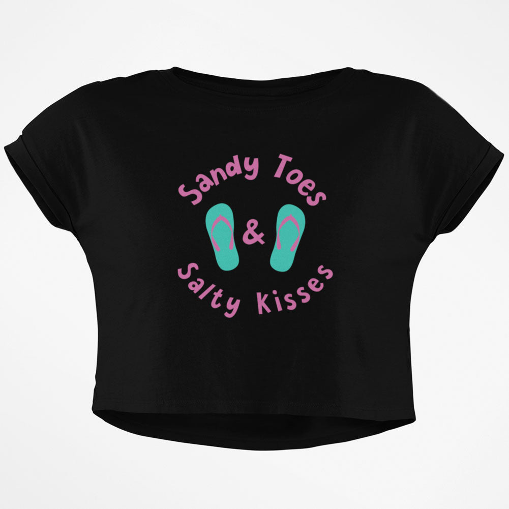 Summer Sun Sandy Toes and Salty Kisses Junior Boxy Crop Top T Shirt Juniors Crop T-Shirts Old Glory SM Black