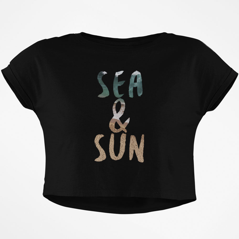 Sea and Sun Summer Beach Junior Boxy Crop Top T Shirt Juniors Crop T-Shirts Old Glory SM Black