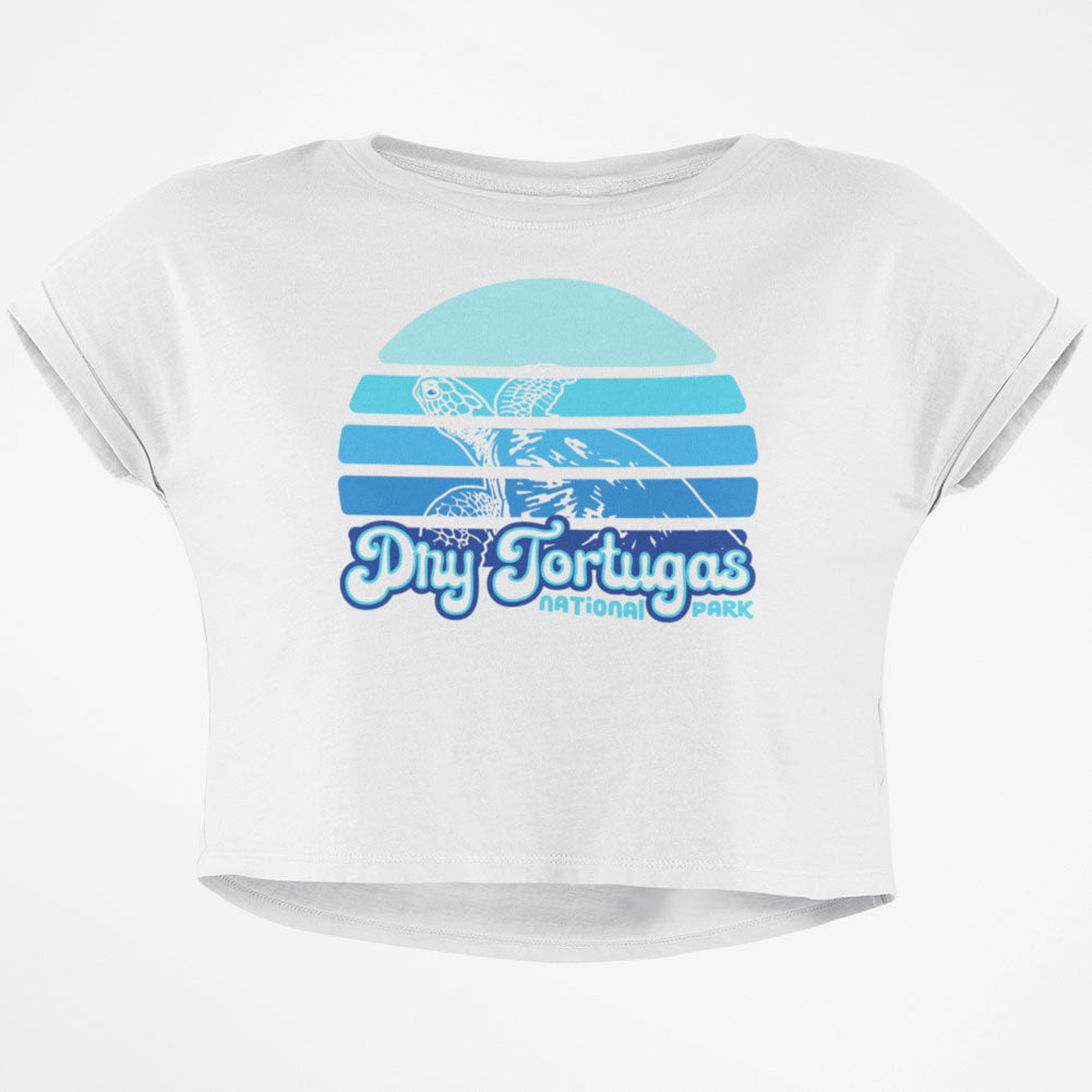 National Park Retro 70s Sunset Dry Tortugas Junior Boxy Crop Top T Shirt Juniors Crop T-Shirts Old Glory SM White