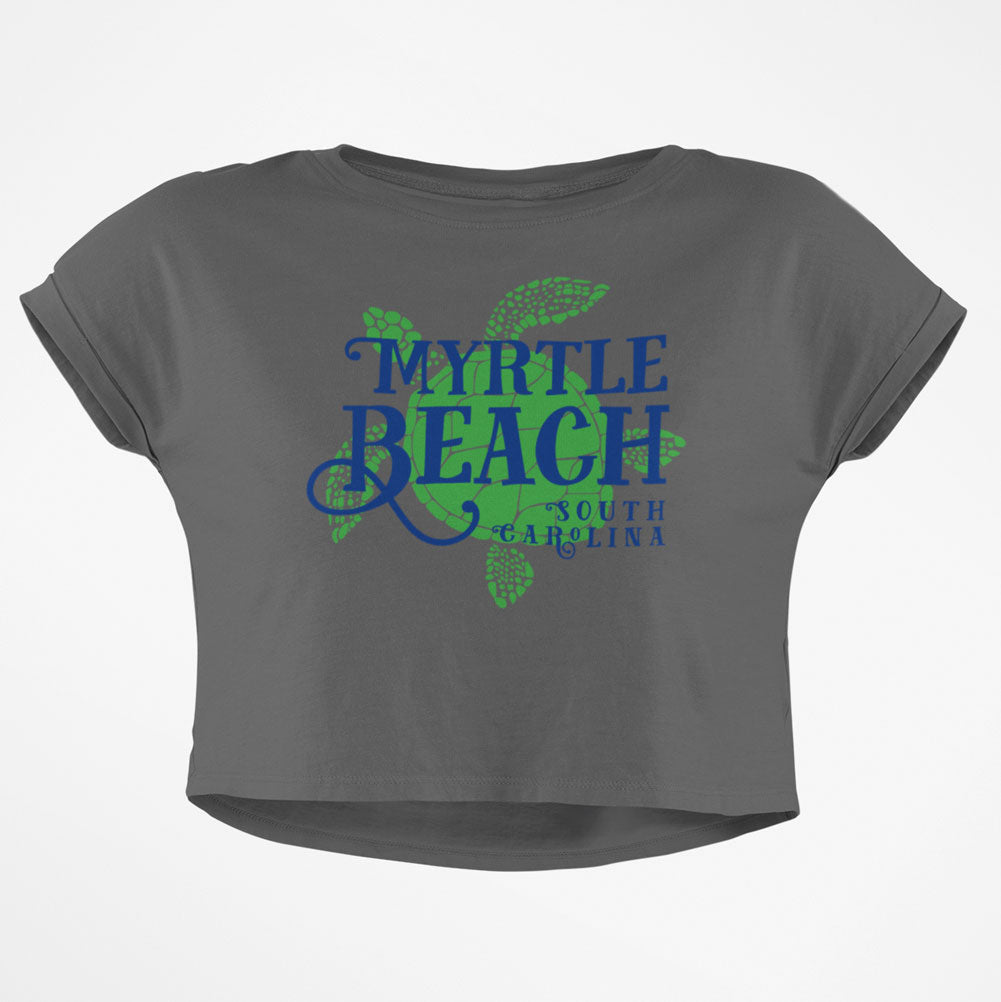 Summer Sun Sea Turtle Myrtle Beach Junior Boxy Crop Top T Shirt Juniors Crop T-Shirts Old Glory SM Grey