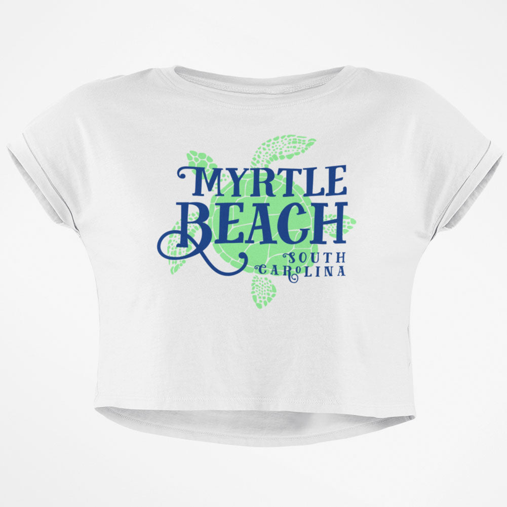Summer Sun Sea Turtle Myrtle Beach Junior Boxy Crop Top T Shirt Juniors Crop T-Shirts Old Glory SM White