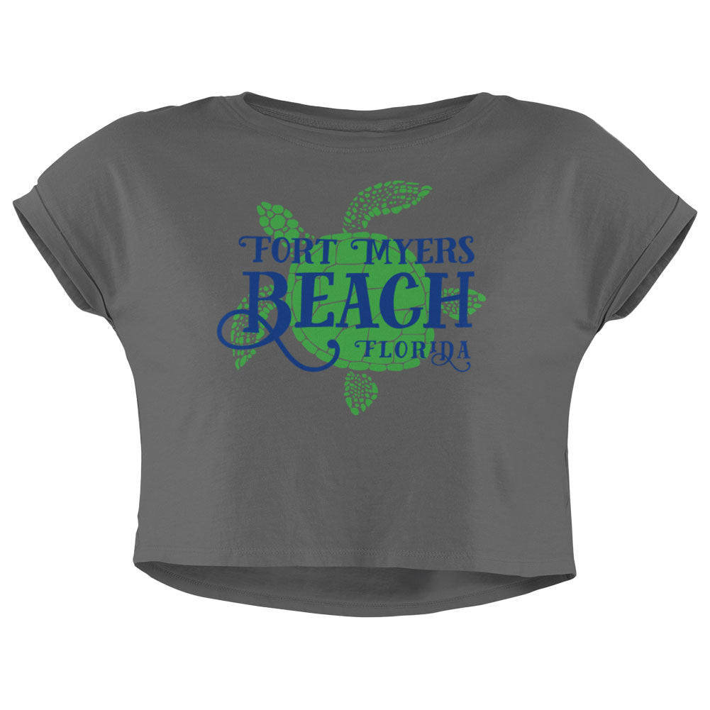 Summer Sun Sea Turtle Fort Myers Beach Junior Boxy Crop Top T Shirt Juniors Crop T-Shirts Old Glory SM Grey