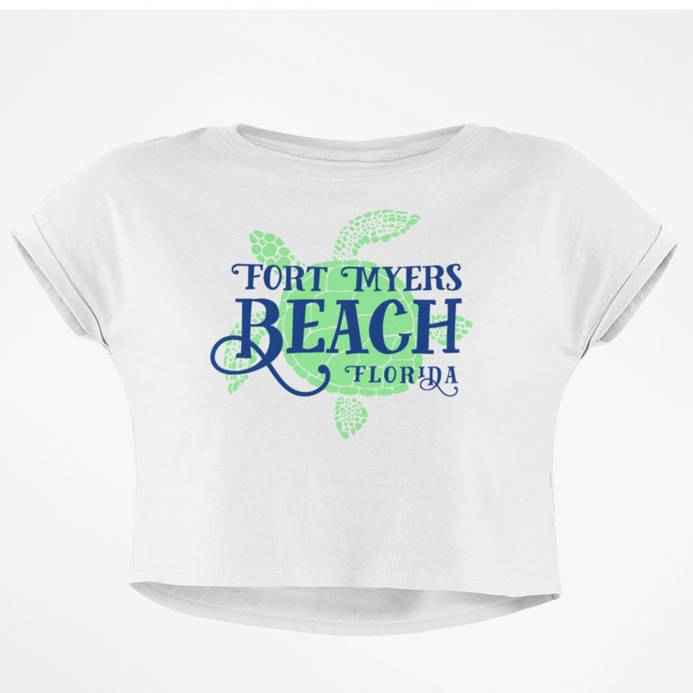 Summer Sun Sea Turtle Fort Myers Beach Junior Boxy Crop Top T Shirt Juniors Crop T-Shirts Old Glory SM White