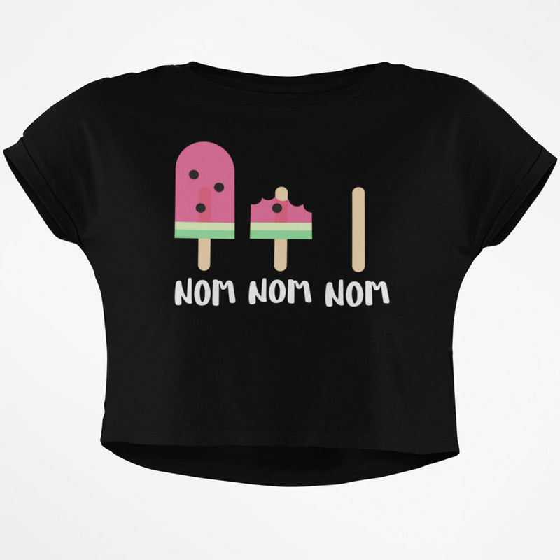 Summer Sun Ice Pop Watermelon Nom Nom Nom Junior Boxy Crop Top T Shirt Juniors Crop T-Shirts Old Glory SM Black