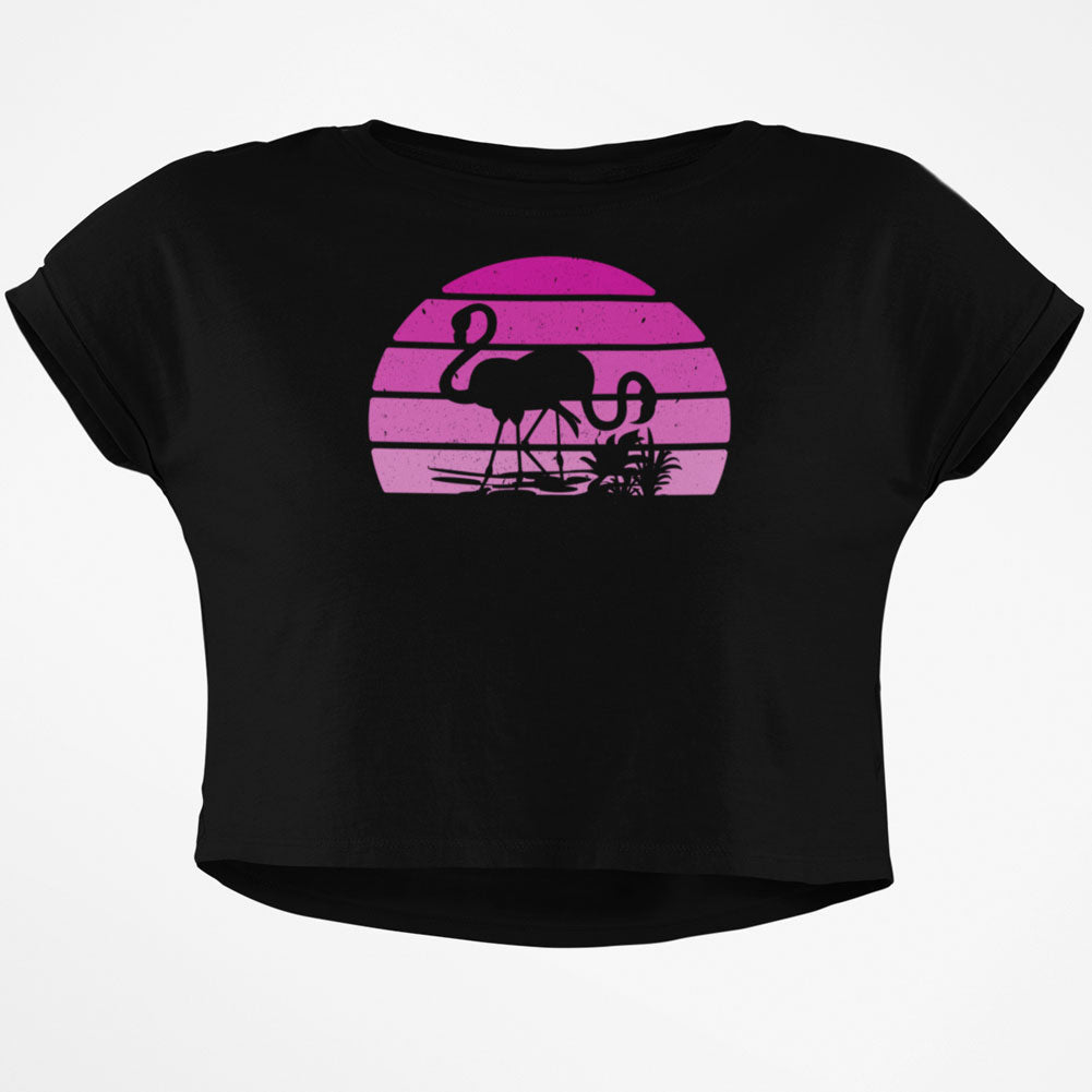 Florida Flamingo Retro Sunset Junior Boxy Crop Top T Shirt Juniors Crop T-Shirts Old Glory SM Black