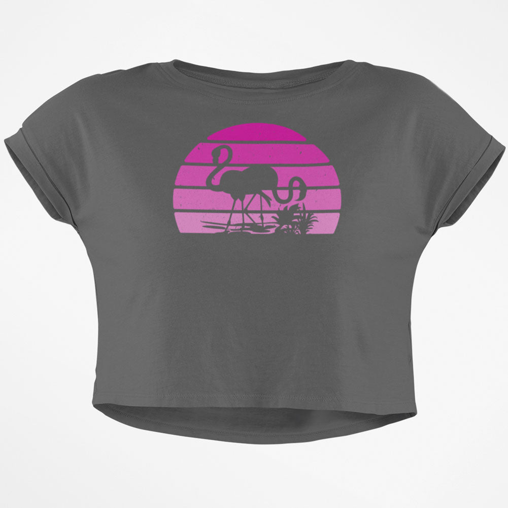 Florida Flamingo Retro Sunset Junior Boxy Crop Top T Shirt Juniors Crop T-Shirts Old Glory SM Grey