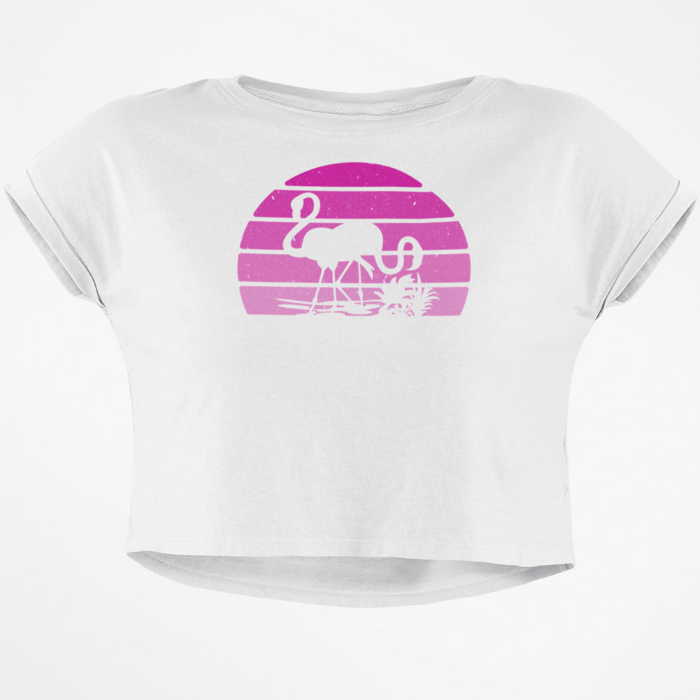 Florida Flamingo Retro Sunset Junior Boxy Crop Top T Shirt Juniors Crop T-Shirts Old Glory SM White