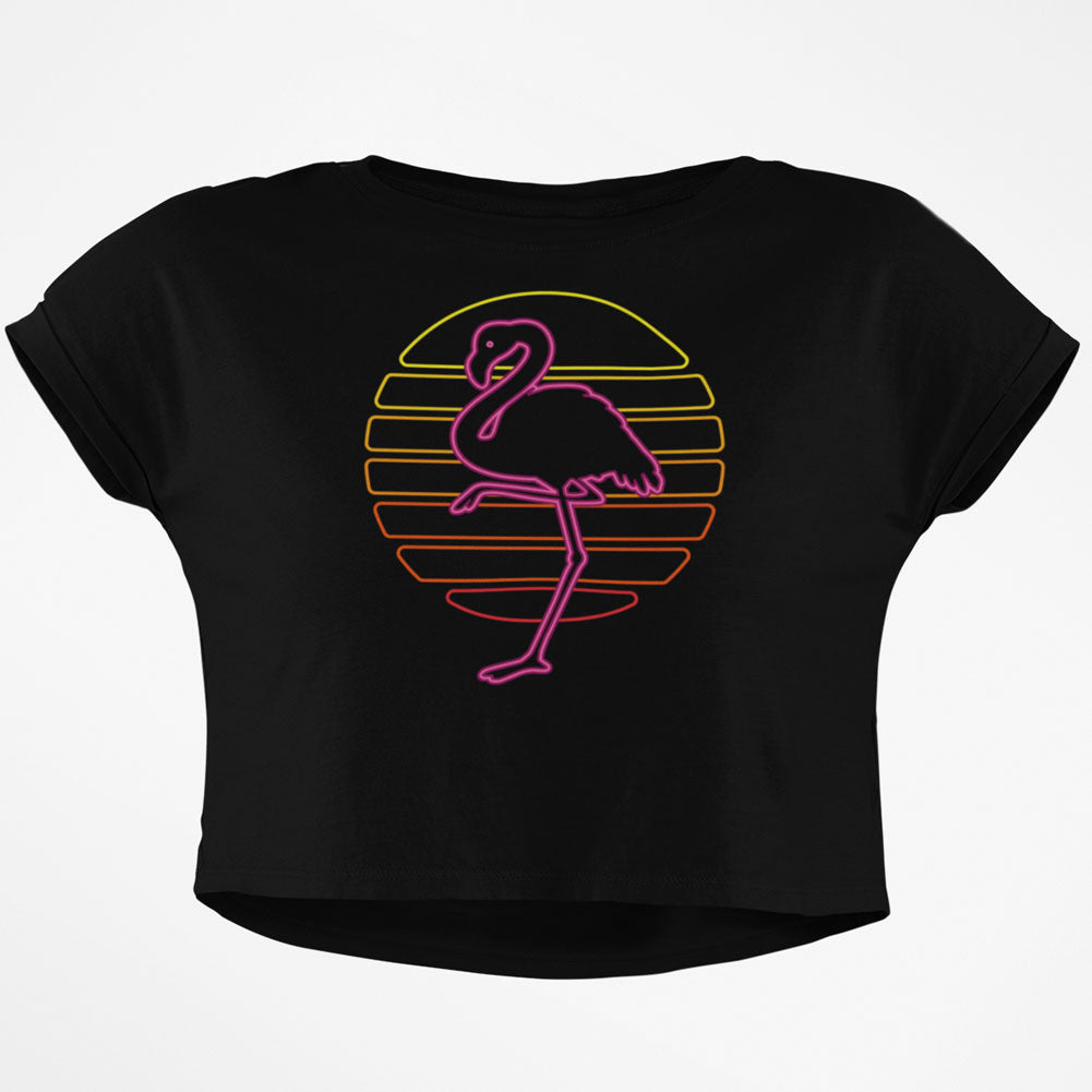 Retro 80s Neon Sign Flamingo Sunset Junior Boxy Crop top T Shirt Juniors Crop T-Shirts Old Glory SM Black