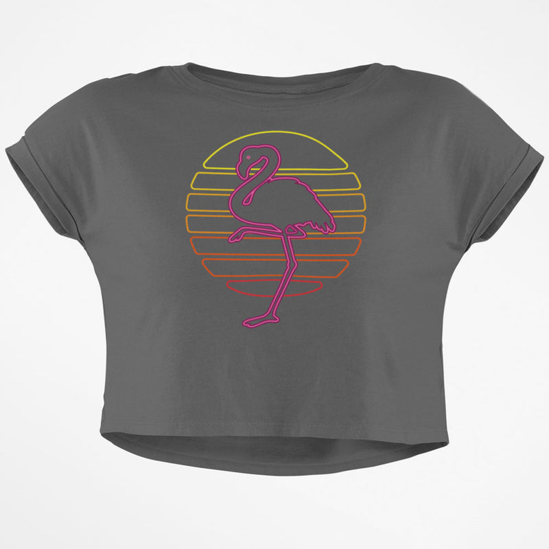 Retro 80s Neon Sign Flamingo Sunset Junior Boxy Crop top T Shirt Juniors Crop T-Shirts Old Glory SM Grey