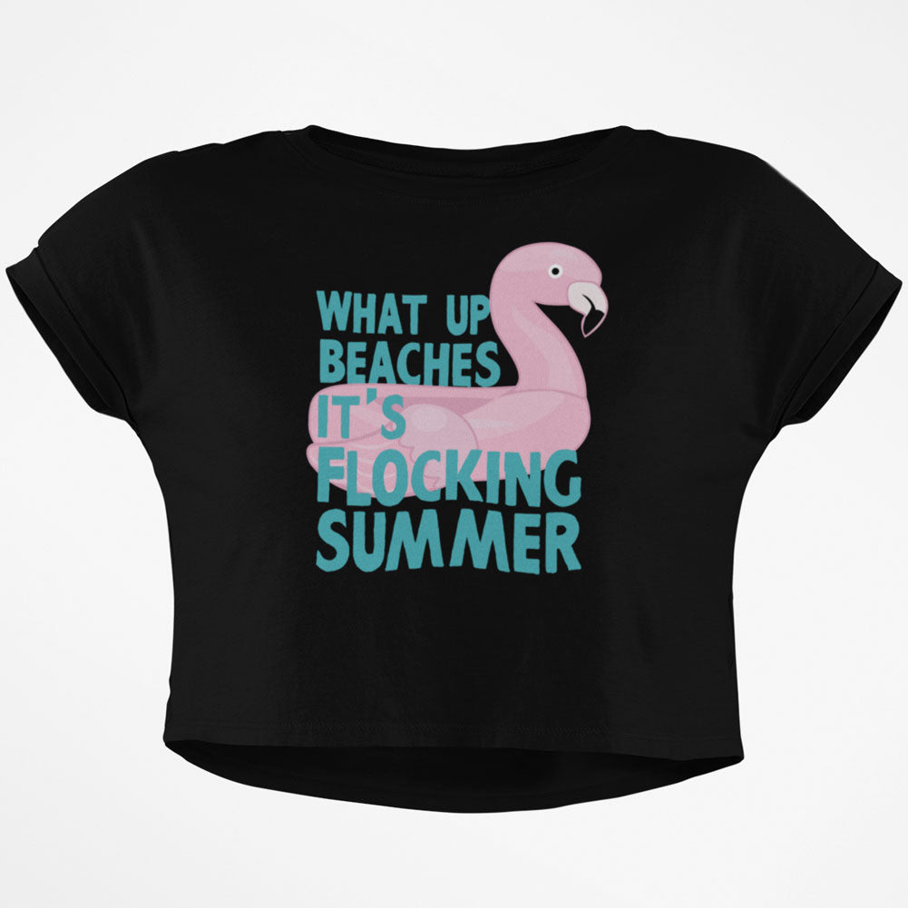 Flamingo What Up Beaches It's Flocking Summer Funny Pun Junior Boxy Crop Top T Shirt Juniors Crop T-Shirts Old Glory SM Black