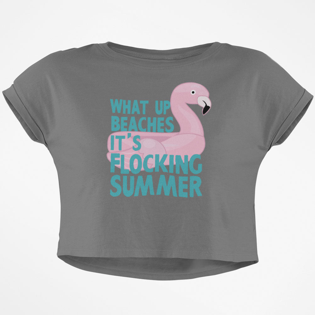 Flamingo What Up Beaches It's Flocking Summer Funny Pun Junior Boxy Crop Top T Shirt Juniors Crop T-Shirts Old Glory SM Grey