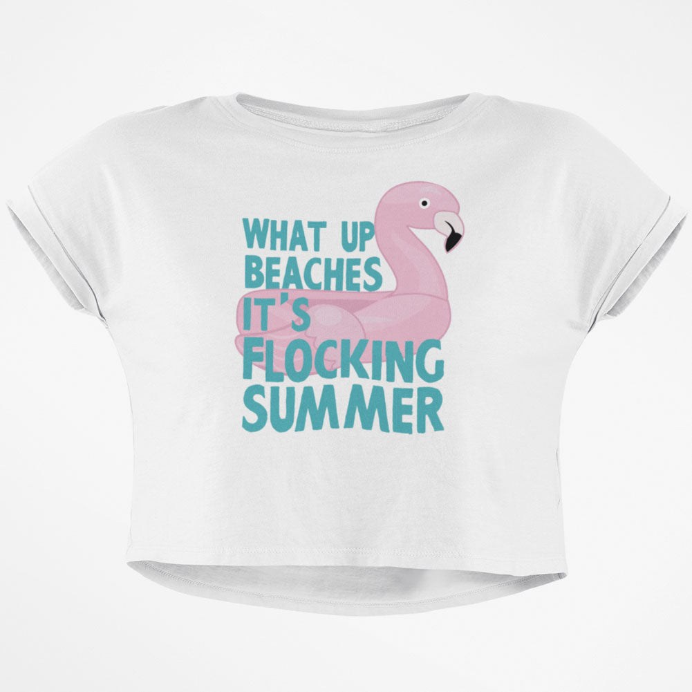 Flamingo What Up Beaches It's Flocking Summer Funny Pun Junior Boxy Crop Top T Shirt Juniors Crop T-Shirts Old Glory SM White