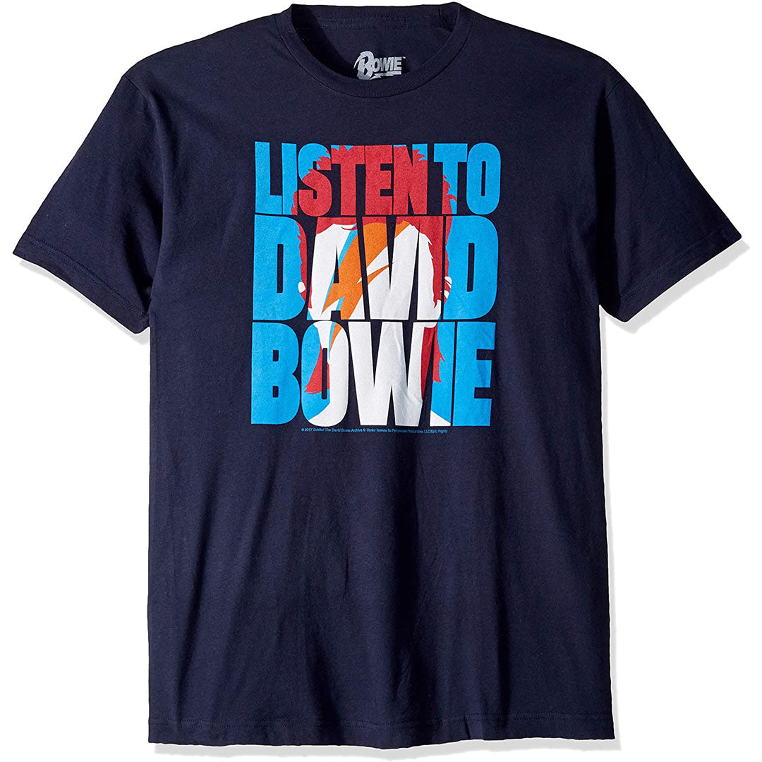 David Bowie - Listen to Bowie Mens T Shirt Men's T-Shirts Liquid Blue MD Navy