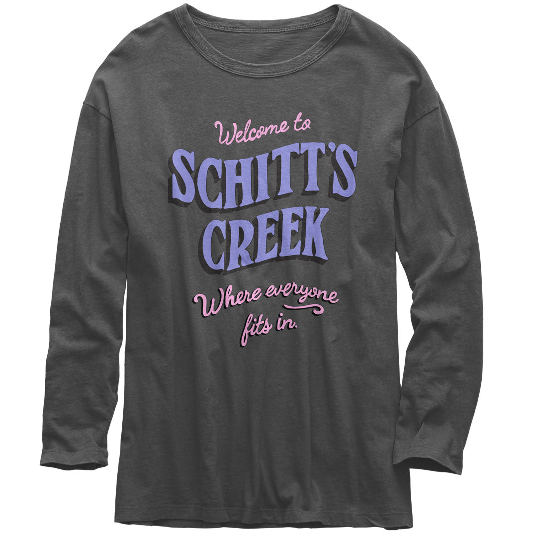 Schitt's Creek - Where Everyone Fits Juniors Long Sleeve T Shirt Juniors Long Sleeves Isaac Morris SM Black