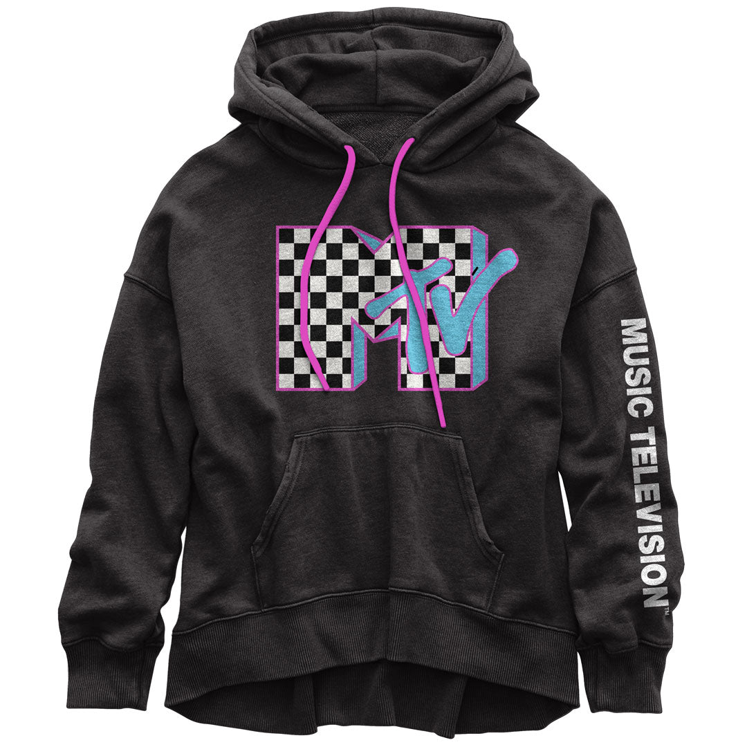 MTV - Checkerboard Logo Juniors Pullover Hoodie Juniors Hoodies Isaac Morris SM Black