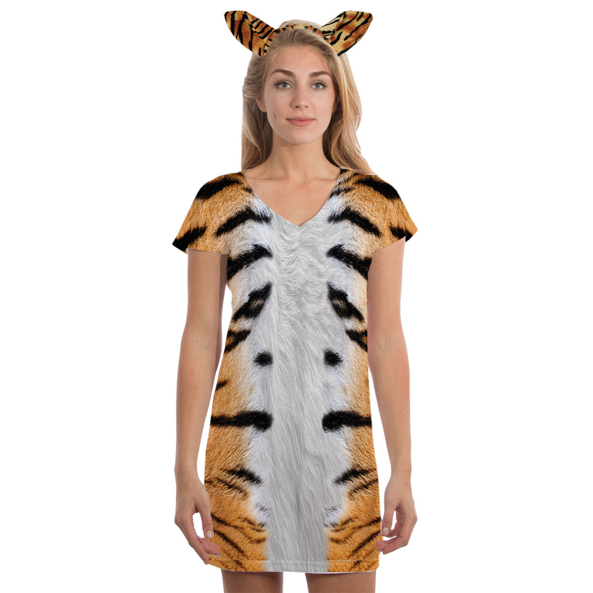 Halloween Costume Tiger All Over Juniors Beach Cover-Up Costume Dress with Tiger Ears Headband Shirts Old Glory