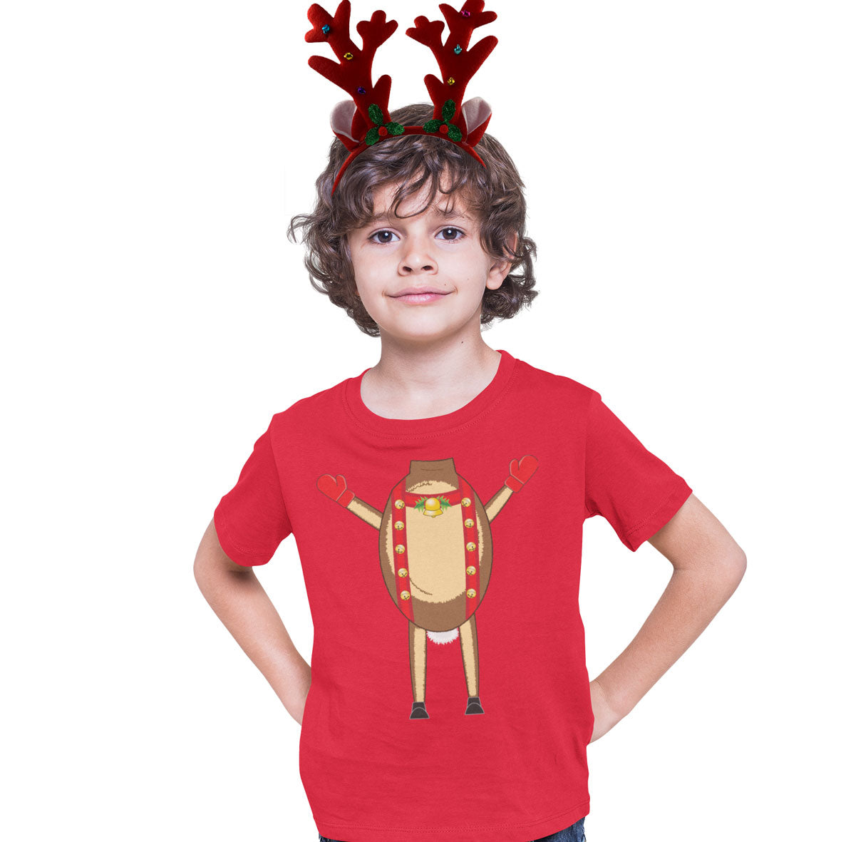 Christmas Costume Reindeer Body Red Big Kids Costume T Shirt with Antlers Headband Youth T-Shirts Old Glory YSM Red
