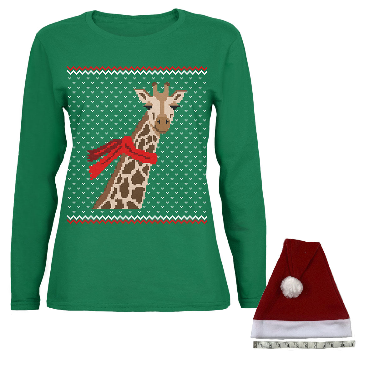 Big Giraffe Scarf Ugly Christmas Sweater Womens Long Sleeve T Shirt with Santa Hat Women's Long Sleeves Old Glory SM Green