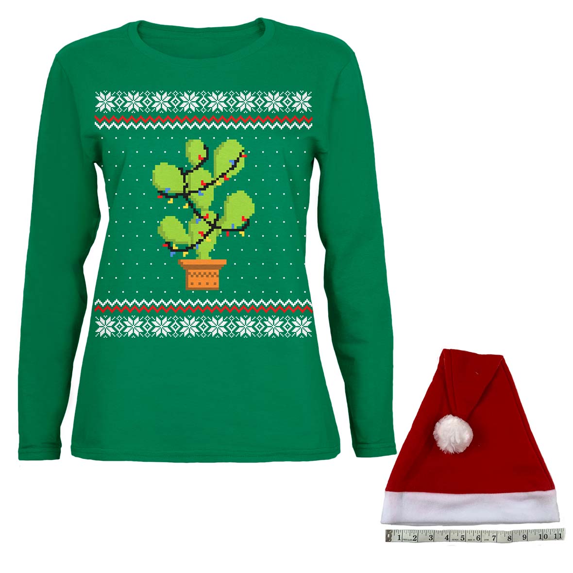 Cactus Prickly Pear Tree Ugly Christmas Sweater Womens Long Sleeve T Shirt Santa Hat Women's Long Sleeves Old Glory SM Green