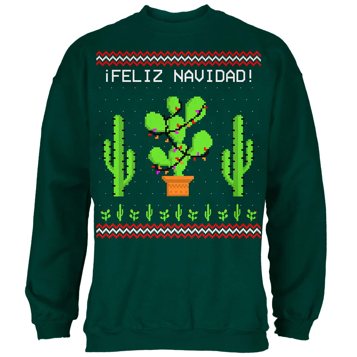 Cactus Desert Feliz Navidad Ugly Christmas Sweater Mens Crewneck Sweatshirt with Santa Hat Men's Sweatshirts Old Glory SM Forest Green