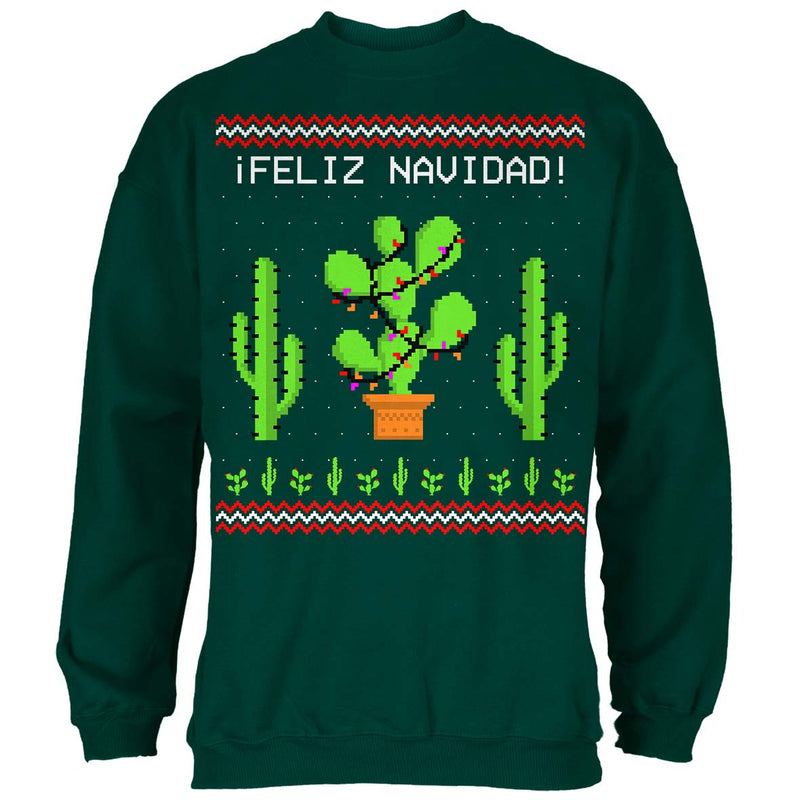 Cactus Desert Feliz Navidad Ugly Christmas Sweater Mens Crewneck Sweatshirt with Santa Hat Men's Sweatshirts Old Glory SM Forest Green