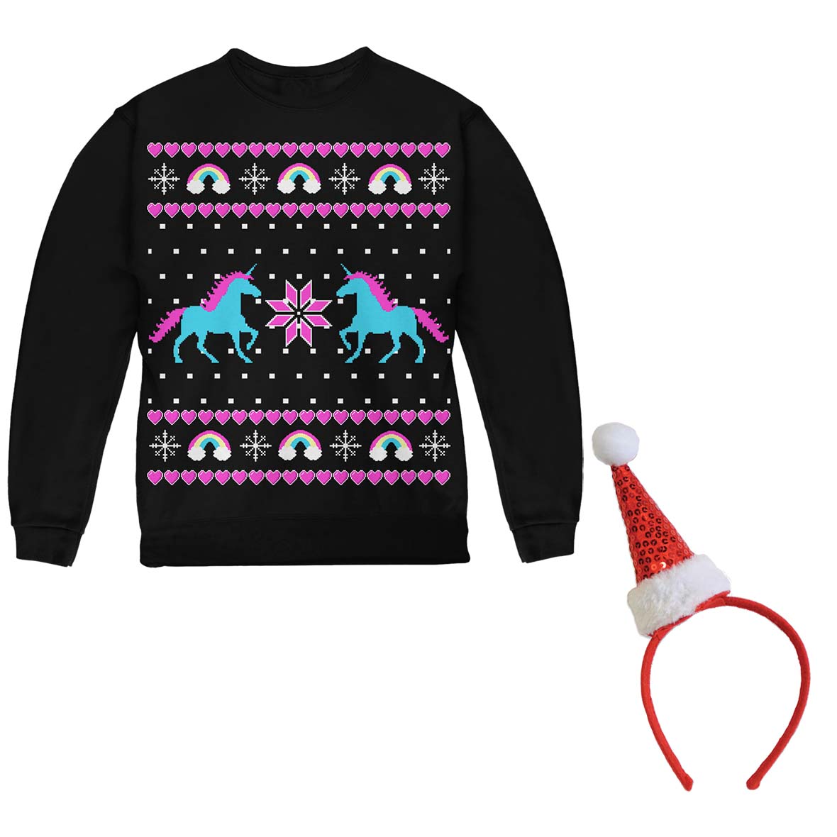 Unicorn Rainbow Ugly Christmas Sweater Youth Crewneck Sweatshirt with Santa Party Hat Headband Youth Sweatshirts Old Glory YSM Black