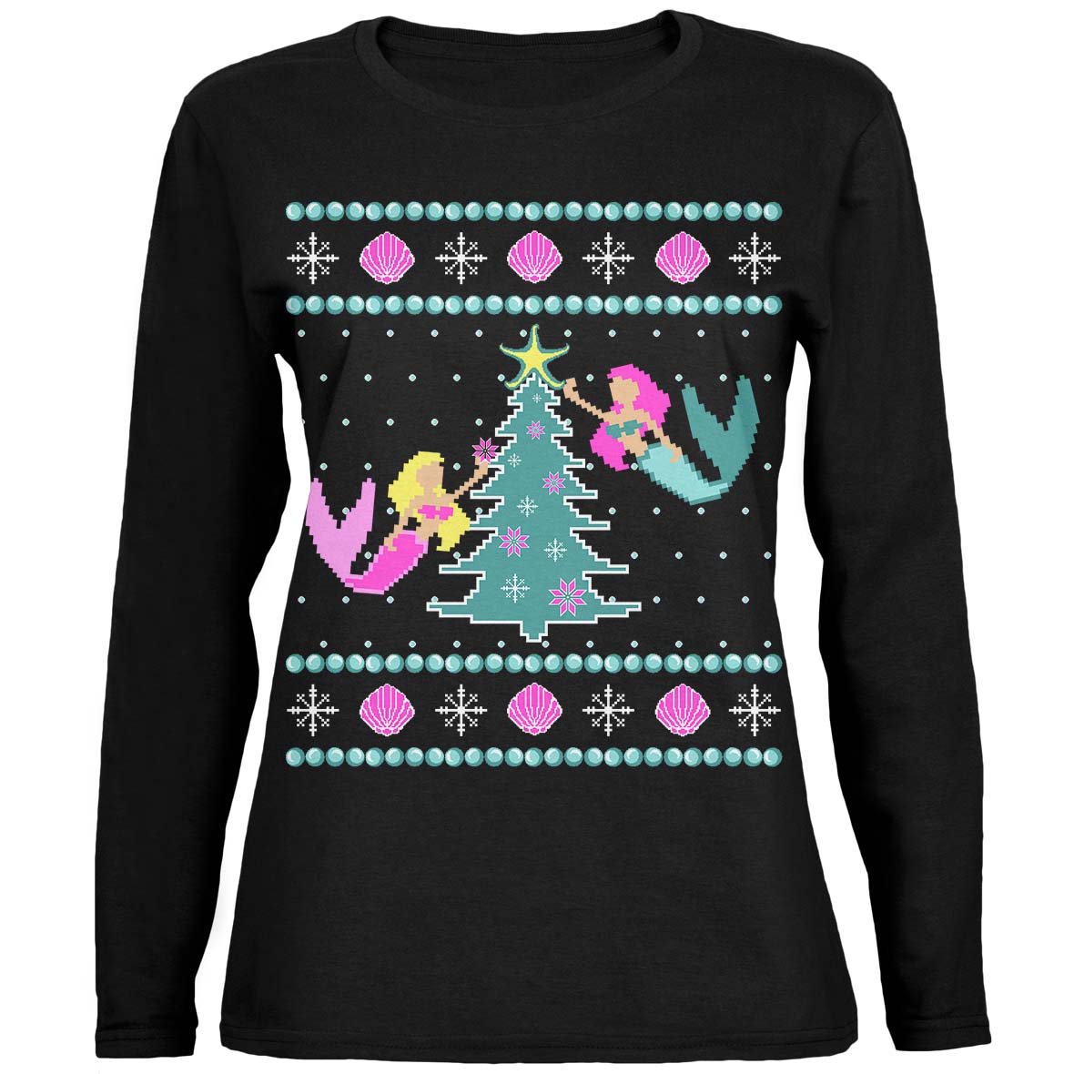 Mermaid Tree Ugly Christmas Sweater Womens Relaxed Jersey Long Sleeve T Shirt with Santa Hat Women's Long Sleeves Old Glory SM Black