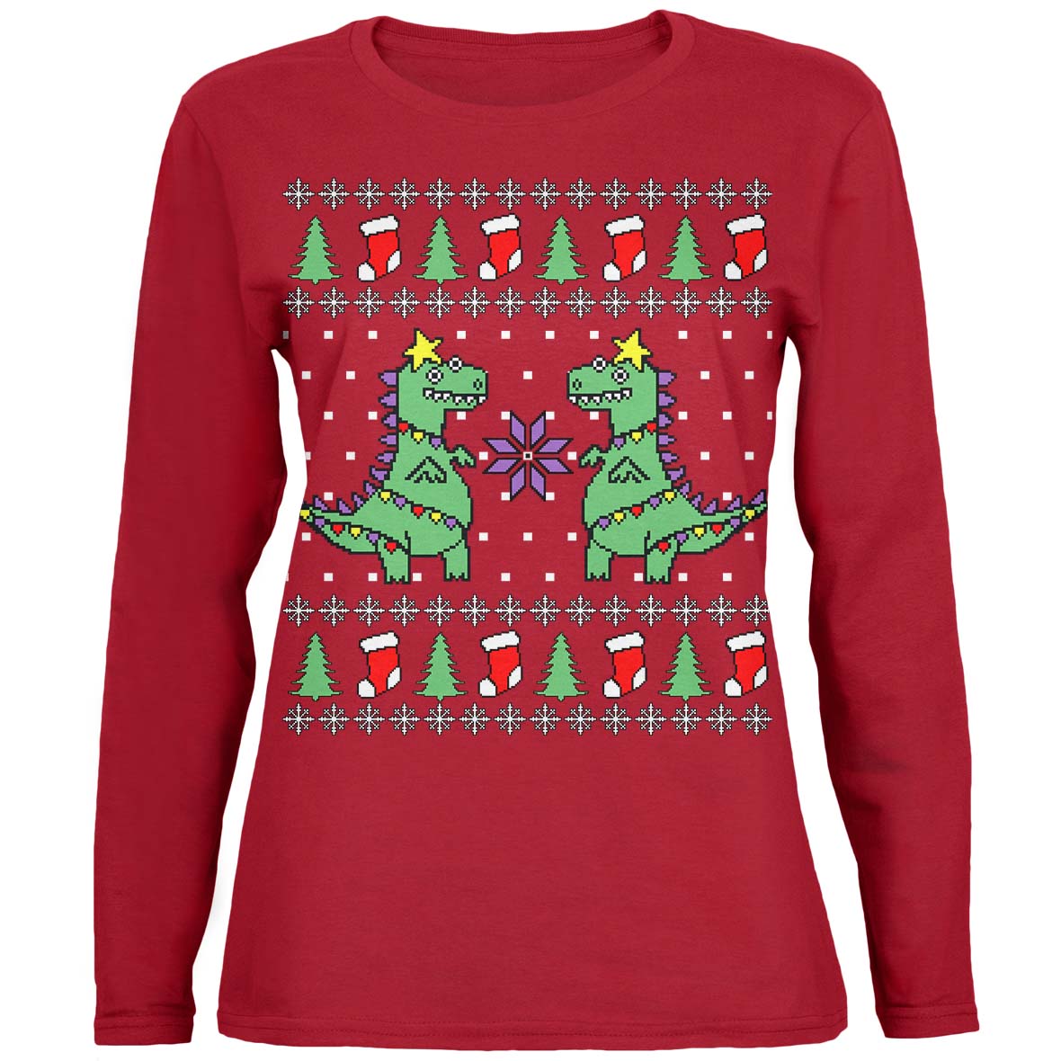 Tree Rex T Rex Ugly Christmas Sweater Womens Long Sleeve T Shirt with Santa Party Hat Headband Women's Long Sleeves Old Glory