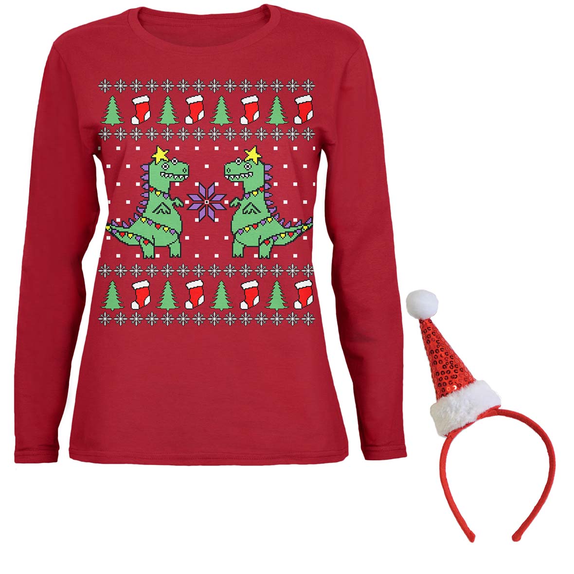 Tree Rex T Rex Ugly Christmas Sweater Womens Long Sleeve T Shirt with Santa Party Hat Headband Women's Long Sleeves Old Glory SM Red