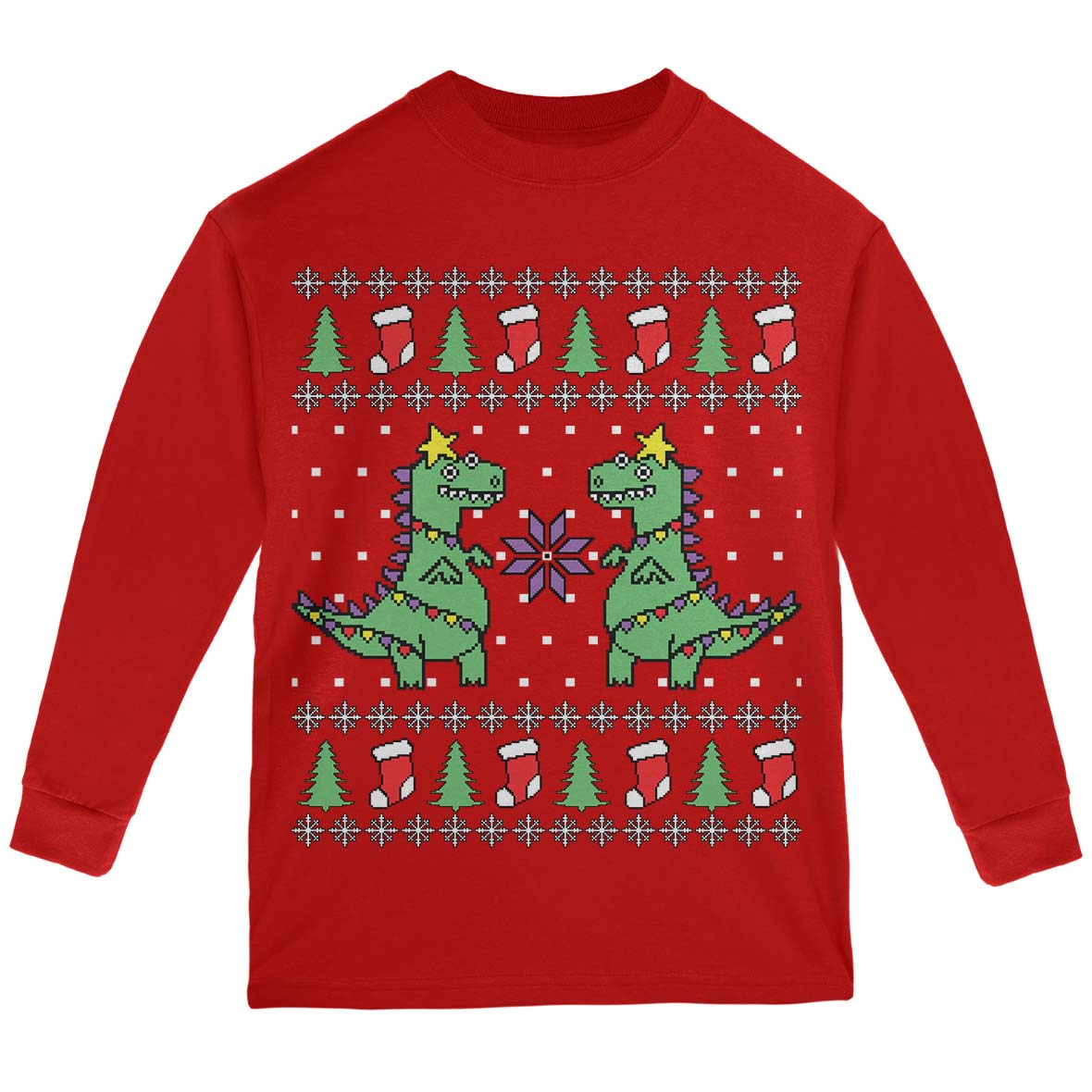 Tree Rex T Rex Ugly Christmas Sweater Big Kids Long Sleeve T Shirt with Santa Hat Youth Long Sleeves Old Glory YXS Red