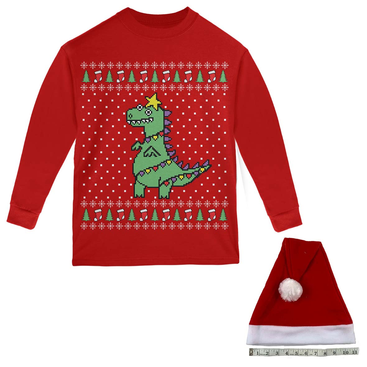 Big Tree Rex T Rex Ugly Christmas Sweater Big Kids Long Sleeve T Shirt with Santa Hat Youth Long Sleeves Old Glory YXS Red