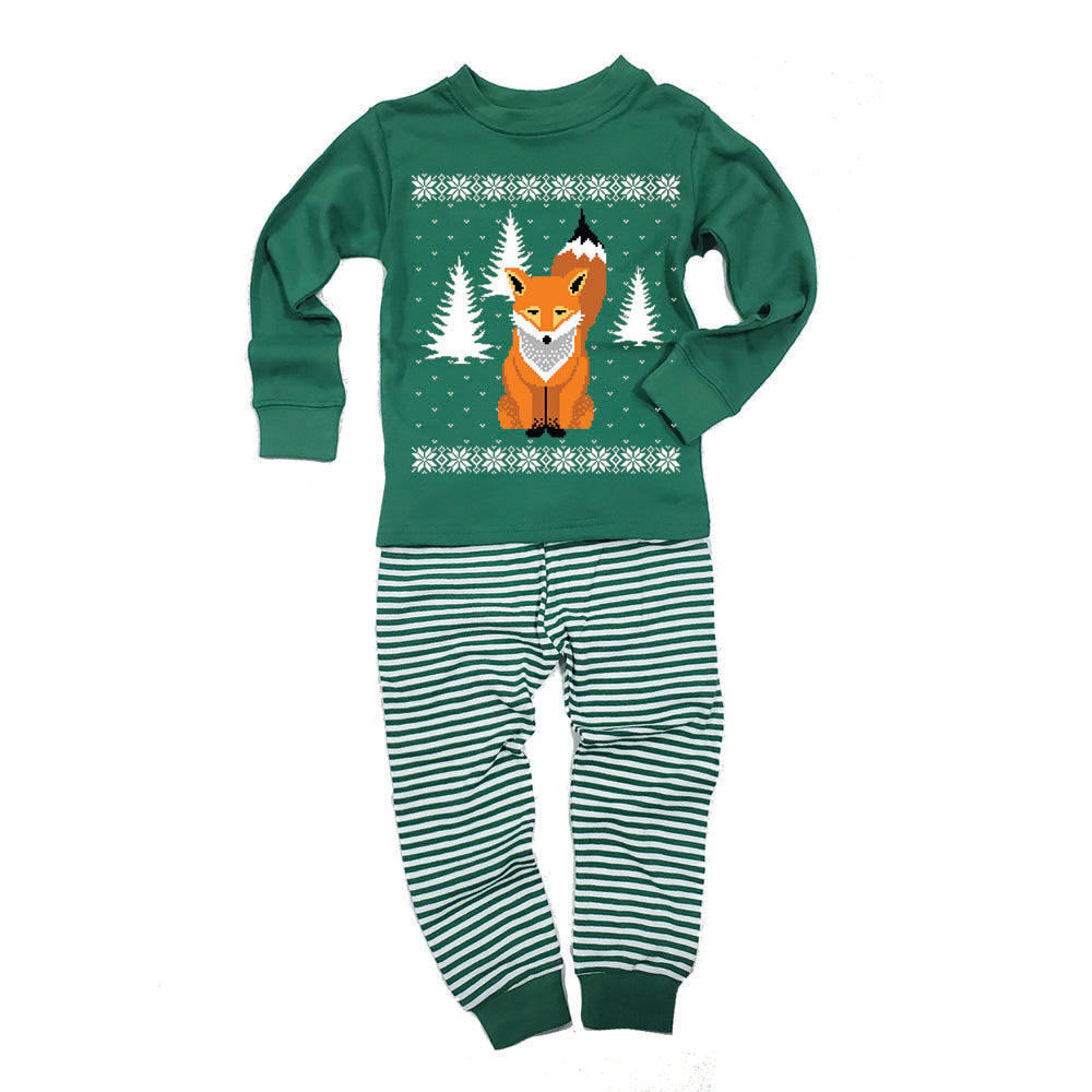 Big Fox Ugly Christmas Sweater Toddler Long Sleeve Top Striped Pants Pajama Set Pajamas Old Glory 2T Green