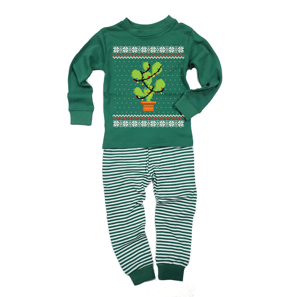 Cactus Prickly Pear Tree Ugly Christmas Sweater Toddler Long Sleeve Top Striped Pants Pajama Set Pajamas Old Glory 2T Green