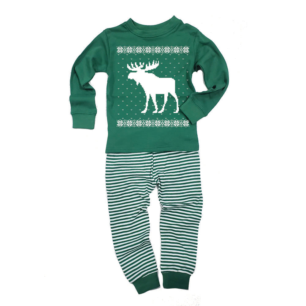 Big Moose Ugly Christmas Sweater Toddler Long Sleeve Top Striped Pants Pajama Set Pajamas Old Glory 2T Green