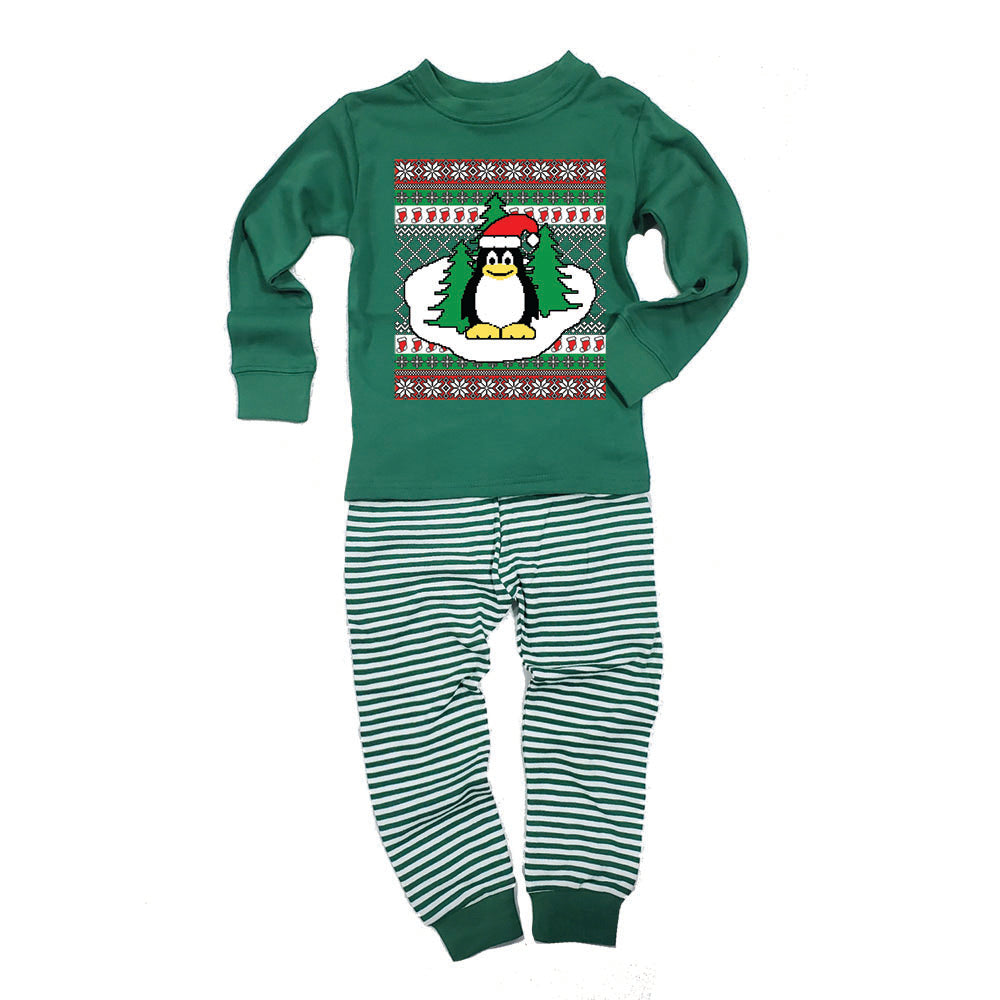 Penguin on Ice Ugly Christmas Sweater Toddler Long Sleeve Top Striped Pants Pajama Set Pajamas Old Glory 2T Green