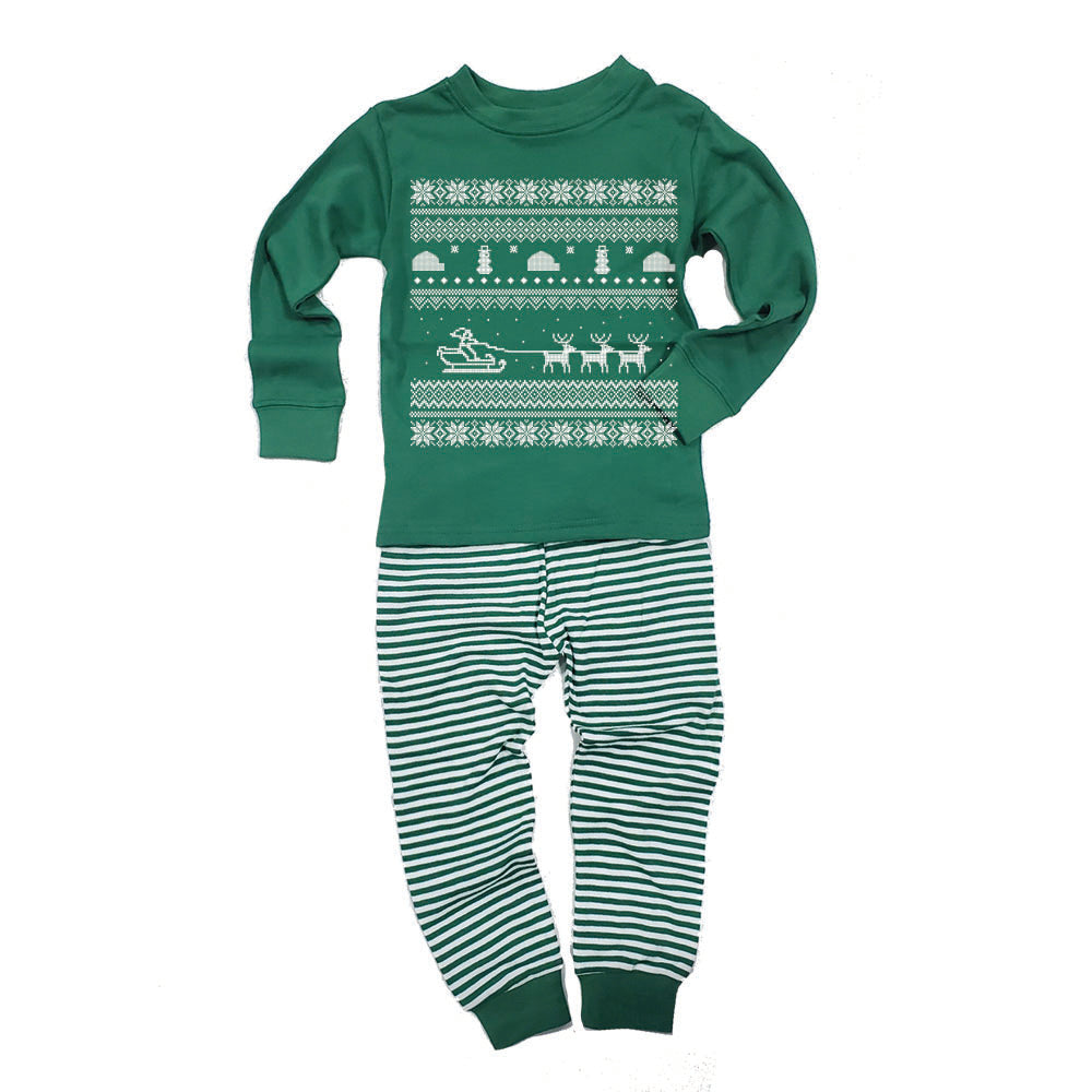 Santa Sleigh Ugly Christmas Sweater Toddler Long Sleeve Top Striped Pants Pajama Set Pajamas Old Glory 2T Green