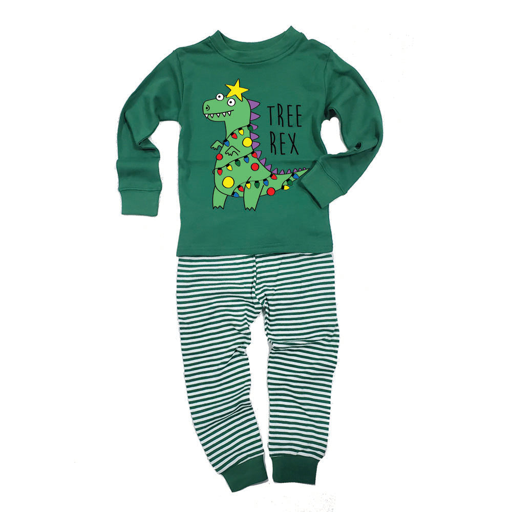 Christmas Tree Rex T-Rex Toddler Long Sleeve Top Striped Pants Pajama Set Pajamas Old Glory 2T Green
