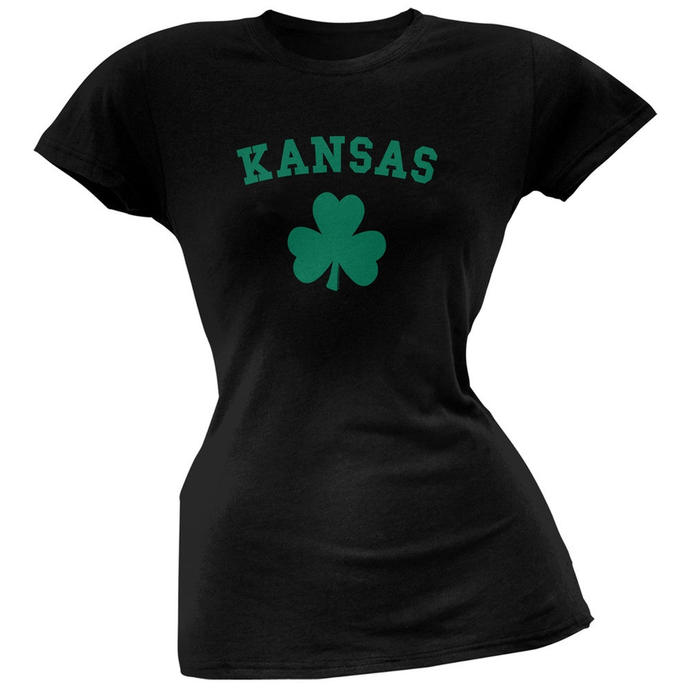 St. Patrick's Day - Kansas Shamrock Black Juniors Soft T-Shirt Juniors T-Shirts Old Glory 2XL Black