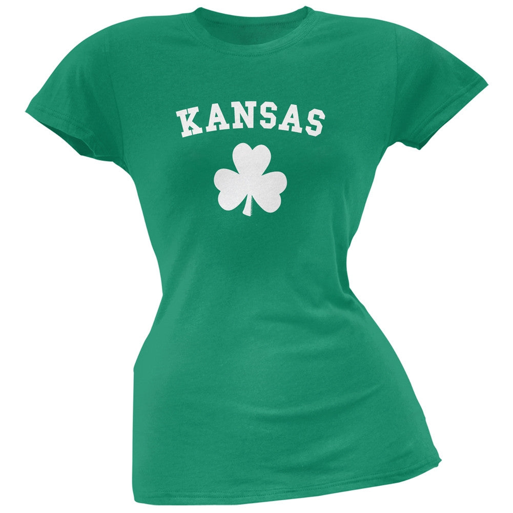 St. Patrick's Day - Kansas Shamrock Green Juniors Soft T-Shirt Juniors T-Shirts Old Glory 2XL Green