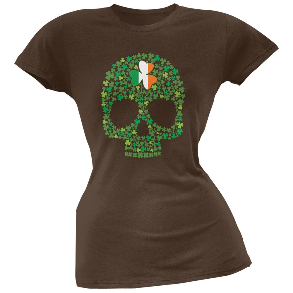 St. Patricks Day - Shamrock Skull Brown Soft Juniors T-Shirt Juniors T-Shirts Old Glory 2XL Brown