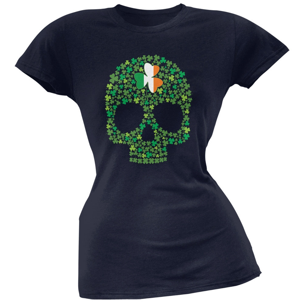 St. Patricks Day - Shamrock Skull Navy Soft Juniors T-Shirt Juniors T-Shirts Old Glory 2XL Blue