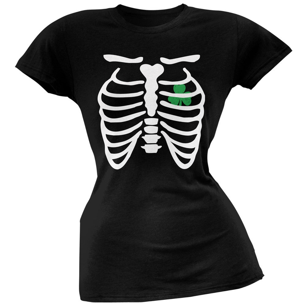St. Patrick's Day - Shamrock Heart Skeleton Black Juniors Soft T-Shirt Juniors T-Shirts Old Glory 2XL Black